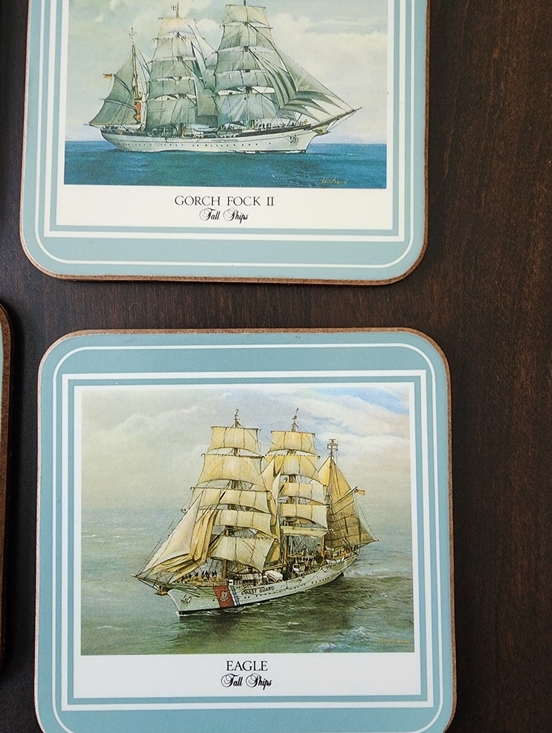 Vintage Set of 6 Pimpernel Eagl “Tall Ships” Coasters Cork back England In Box - Picture 9 of 10